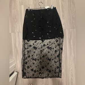 Black Sequin Floral Sheer Midi Skirt